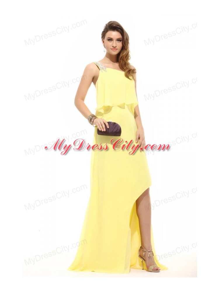 Simple Column Light Yellow One Shoulder Beading High-low Chiffon Prom Dress