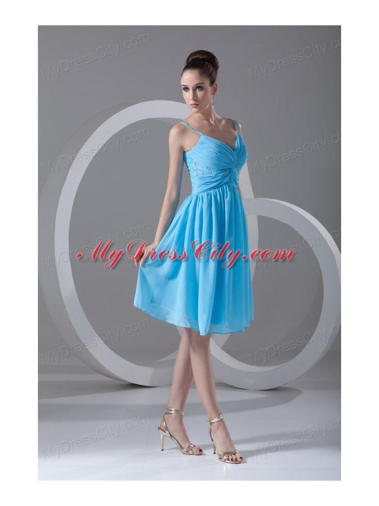 Taffeta A-line Straps Aqua Blue Beading Knee-length Prom Dress