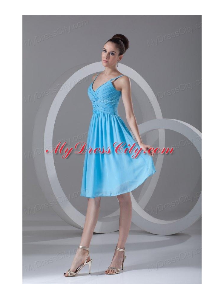 Taffeta A-line Straps Aqua Blue Beading Knee-length Prom Dress