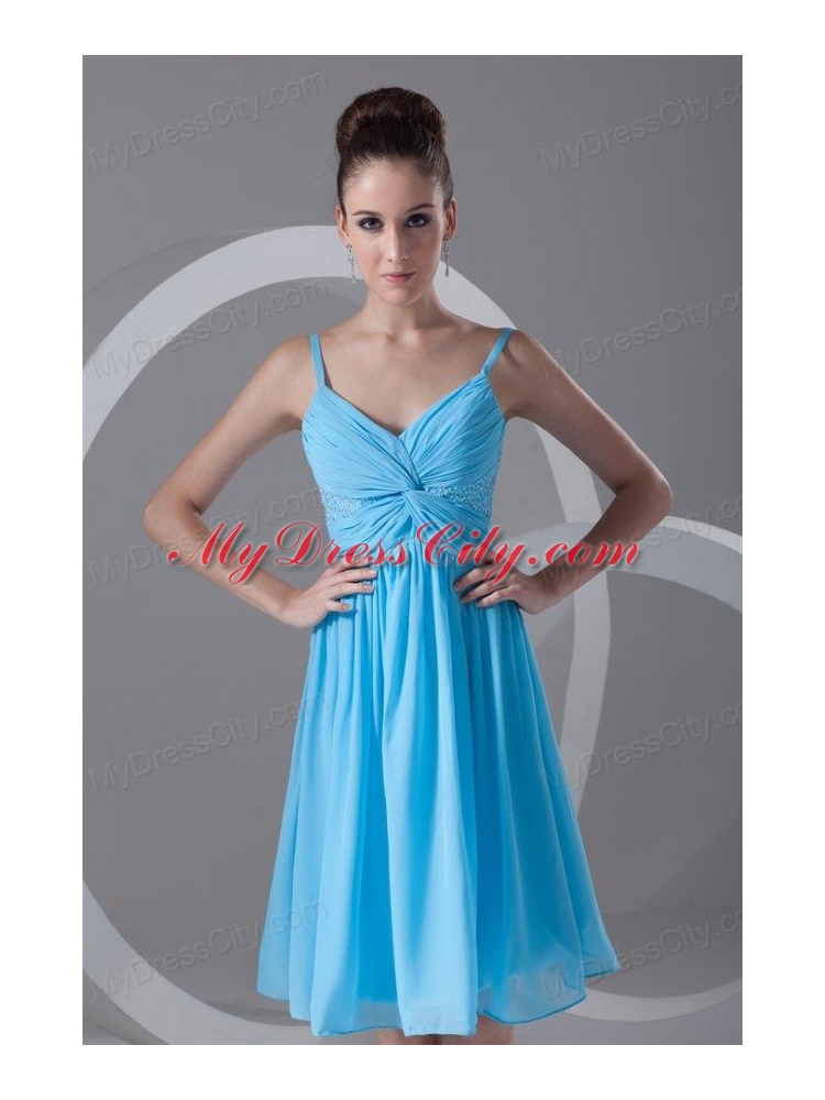 Taffeta A-line Straps Aqua Blue Beading Knee-length Prom Dress