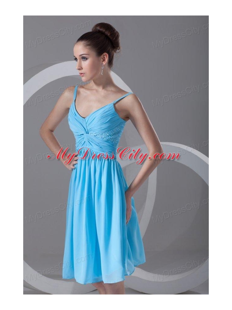 Taffeta A-line Straps Aqua Blue Beading Knee-length Prom Dress