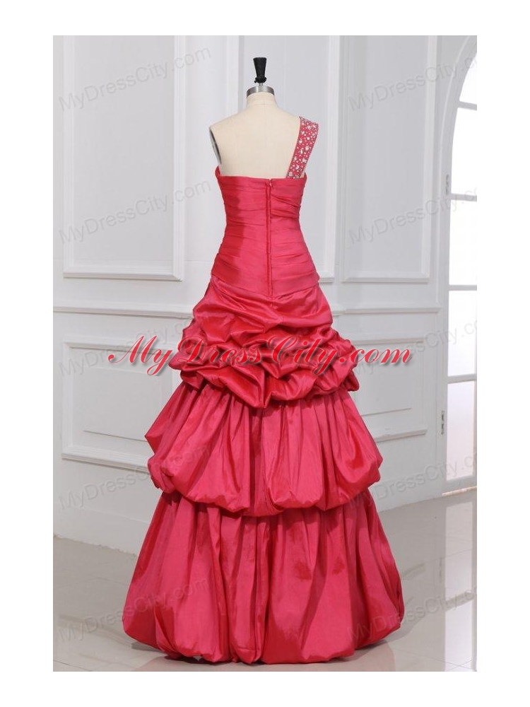 A-line Beaded Decorate One Shoulder Floor-length Prom Dress in Coral Red