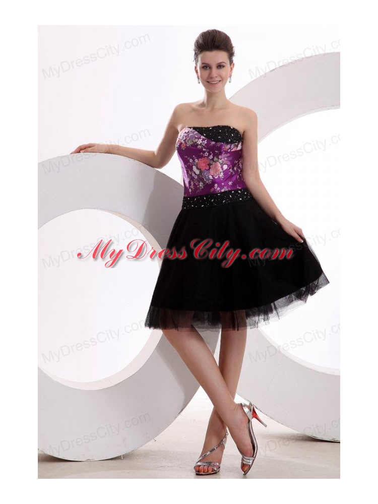 A-line Black and Purple Appliques Beading Tulle Strapless Prom Dress