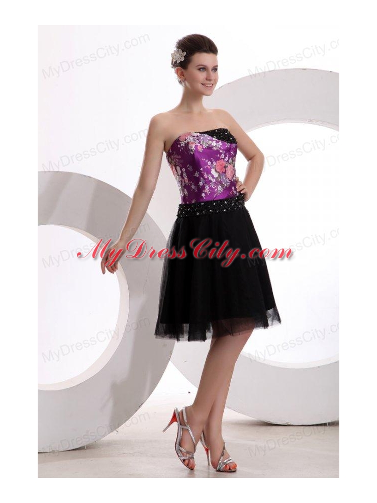 A-line Black and Purple Appliques Beading Tulle Strapless Prom Dress