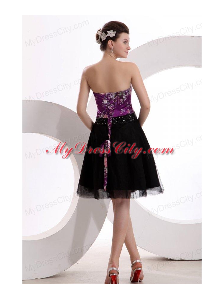 A-line Black and Purple Appliques Beading Tulle Strapless Prom Dress