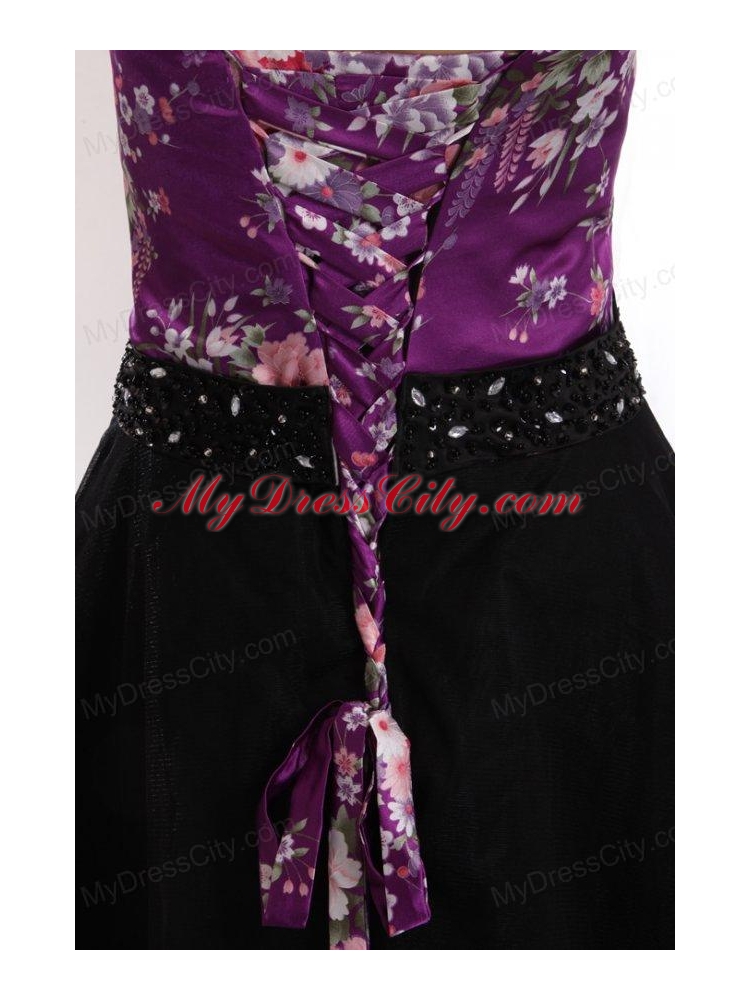 A-line Black and Purple Appliques Beading Tulle Strapless Prom Dress