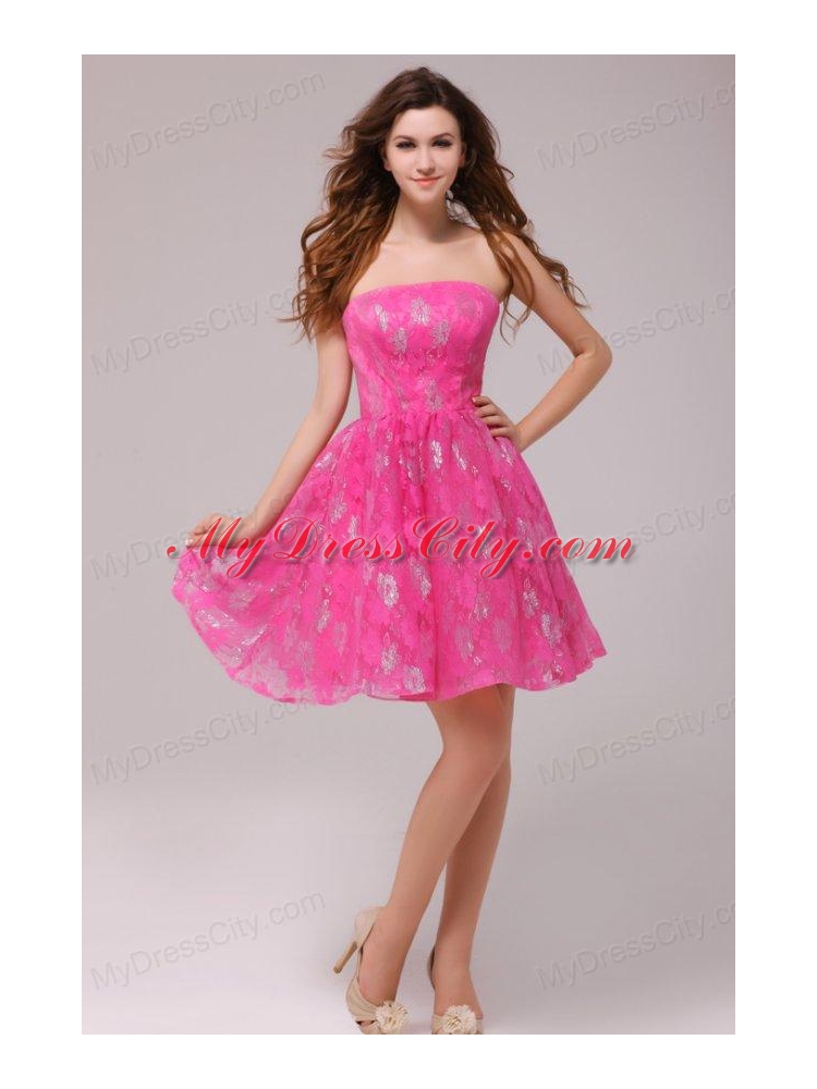 A-line Hot Pink Strapless Knee-length Prom Dress