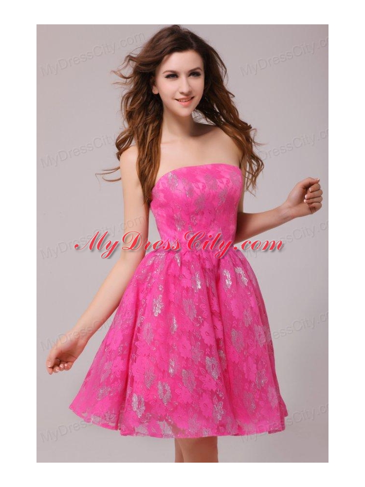 A-line Hot Pink Strapless Knee-length Prom Dress