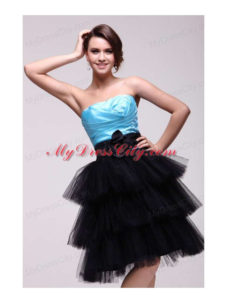 Aqua Blue and Black Short Prom Dress with Flowers and Layers