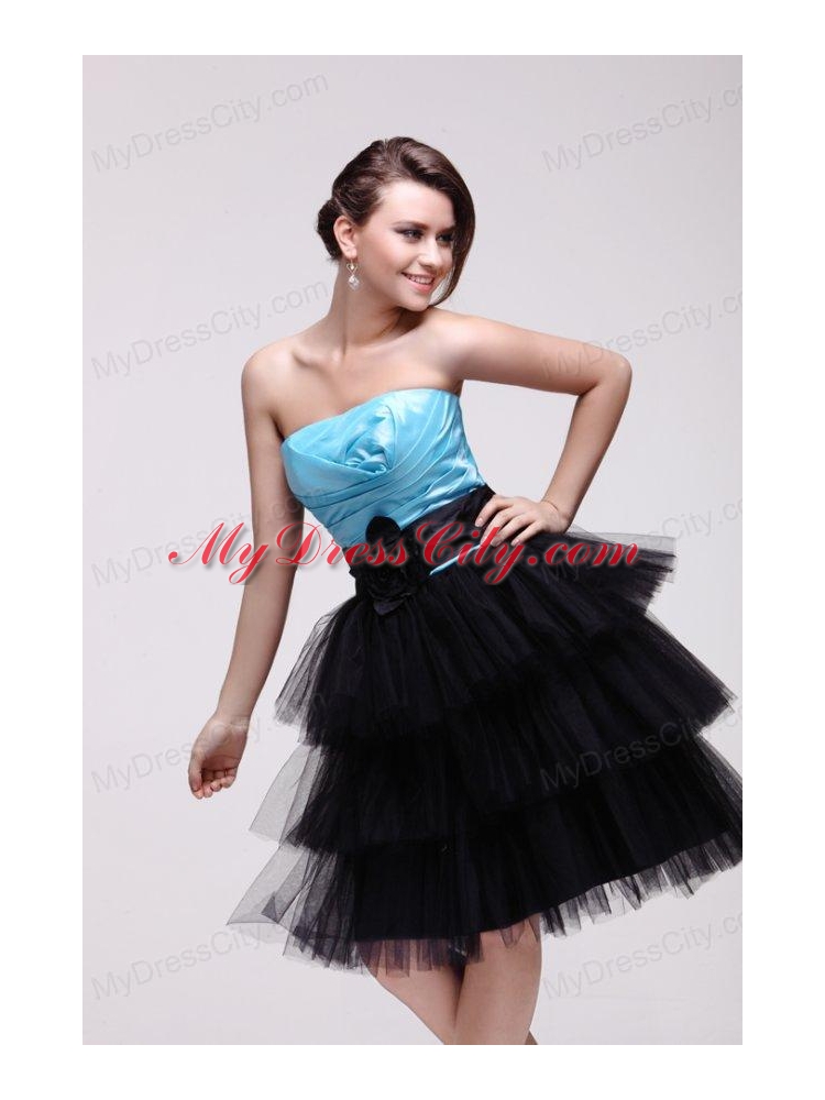 Aqua Blue and Black Short Prom Dress with Flowers and Layers