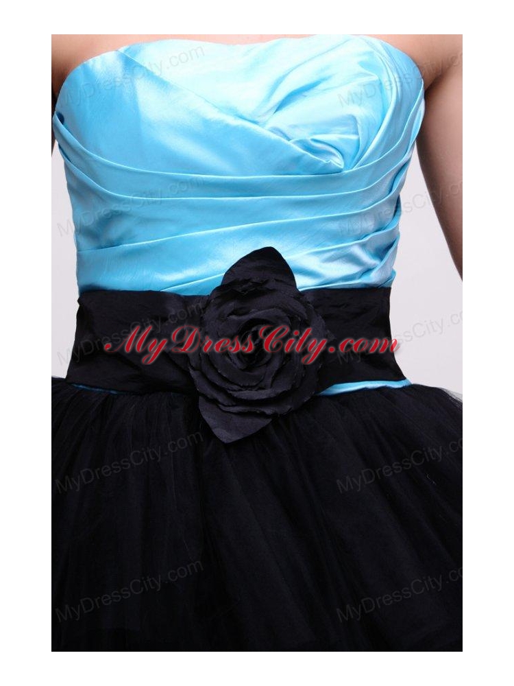 Aqua Blue and Black Short Prom Dress with Flowers and Layers