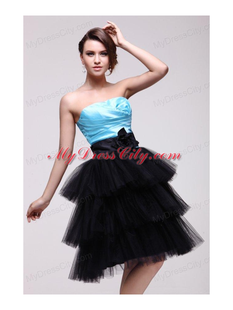 Aqua Blue and Black Short Prom Dress with Flowers and Layers