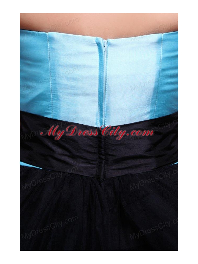 Aqua Blue and Black Short Prom Dress with Flowers and Layers