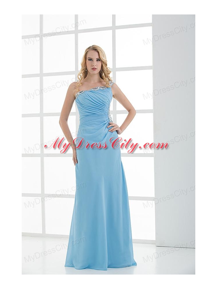 Blue Column One Shoulder Beading Chiffon Ruching Prom Dress