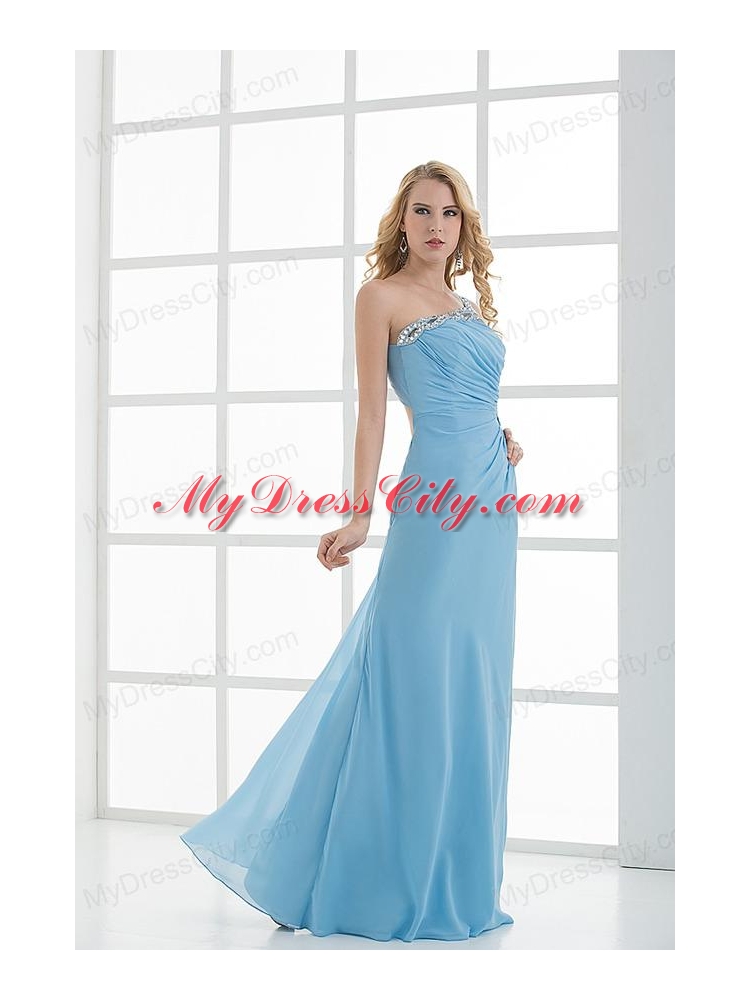 Blue Column One Shoulder Beading Chiffon Ruching Prom Dress