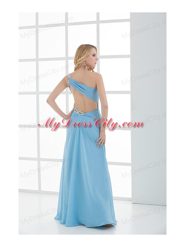 Blue Column One Shoulder Beading Chiffon Ruching Prom Dress