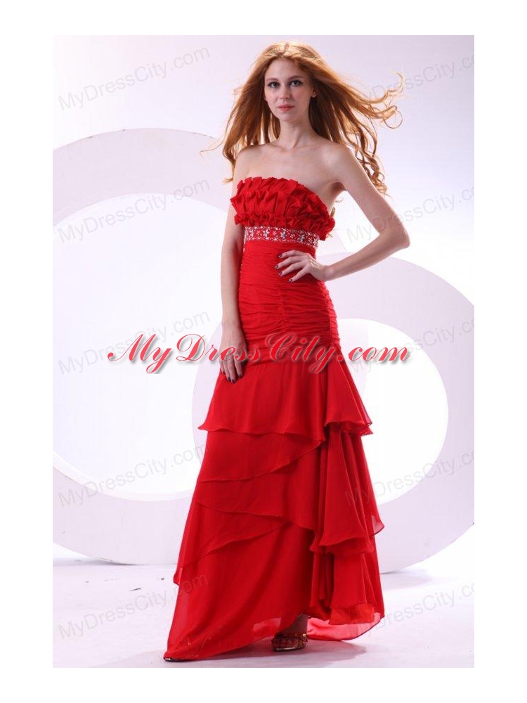 Brand new Column Strapless Ruching Brush Train Chiffon Red Prom Dress