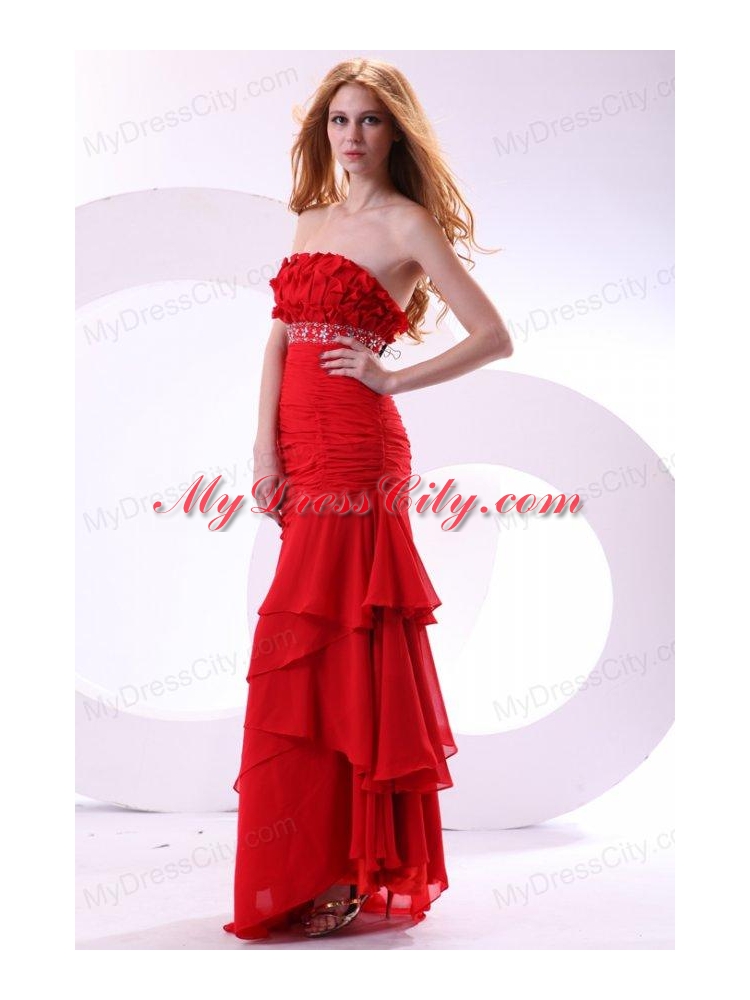 Brand new Column Strapless Ruching Brush Train Chiffon Red Prom Dress