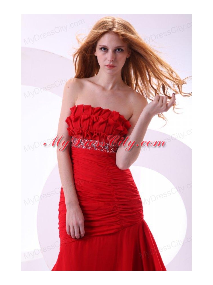 Brand new Column Strapless Ruching Brush Train Chiffon Red Prom Dress