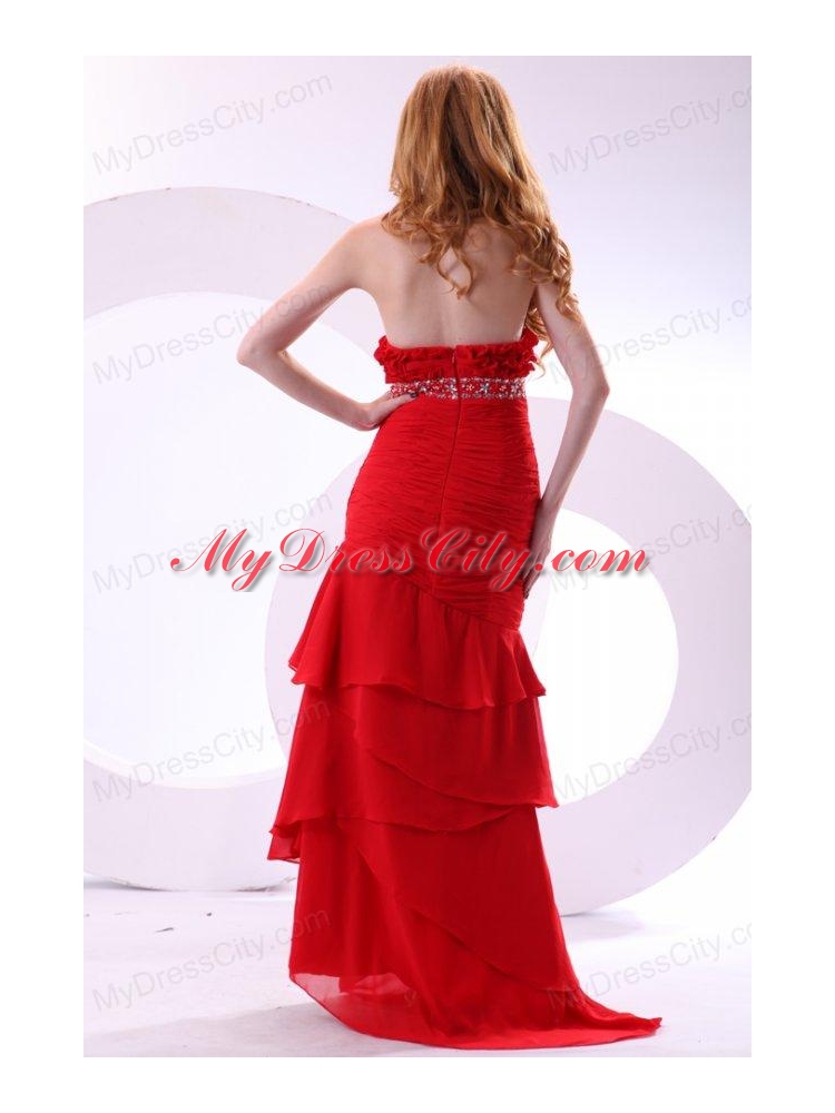 Brand new Column Strapless Ruching Brush Train Chiffon Red Prom Dress