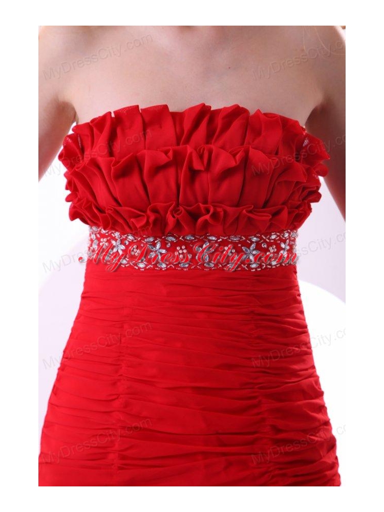 Brand new Column Strapless Ruching Brush Train Chiffon Red Prom Dress