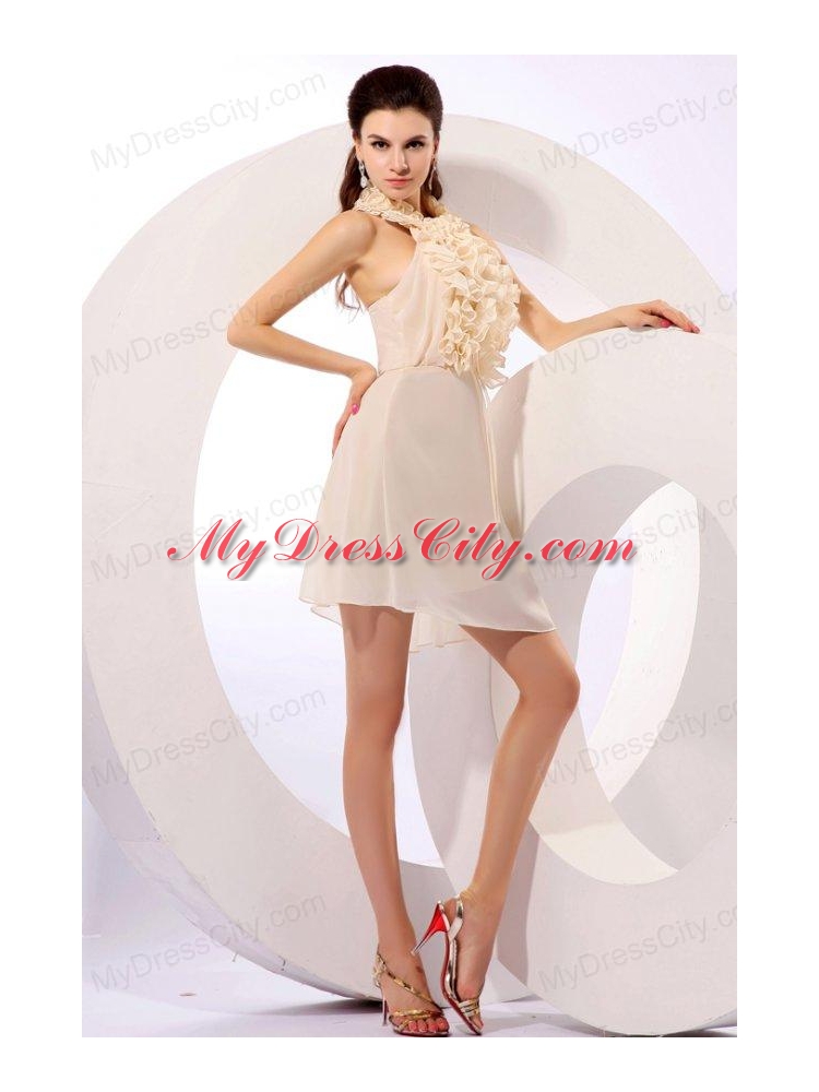 Champagne Chiffon Ruffles Prom Dress with Halter Top Mini-length