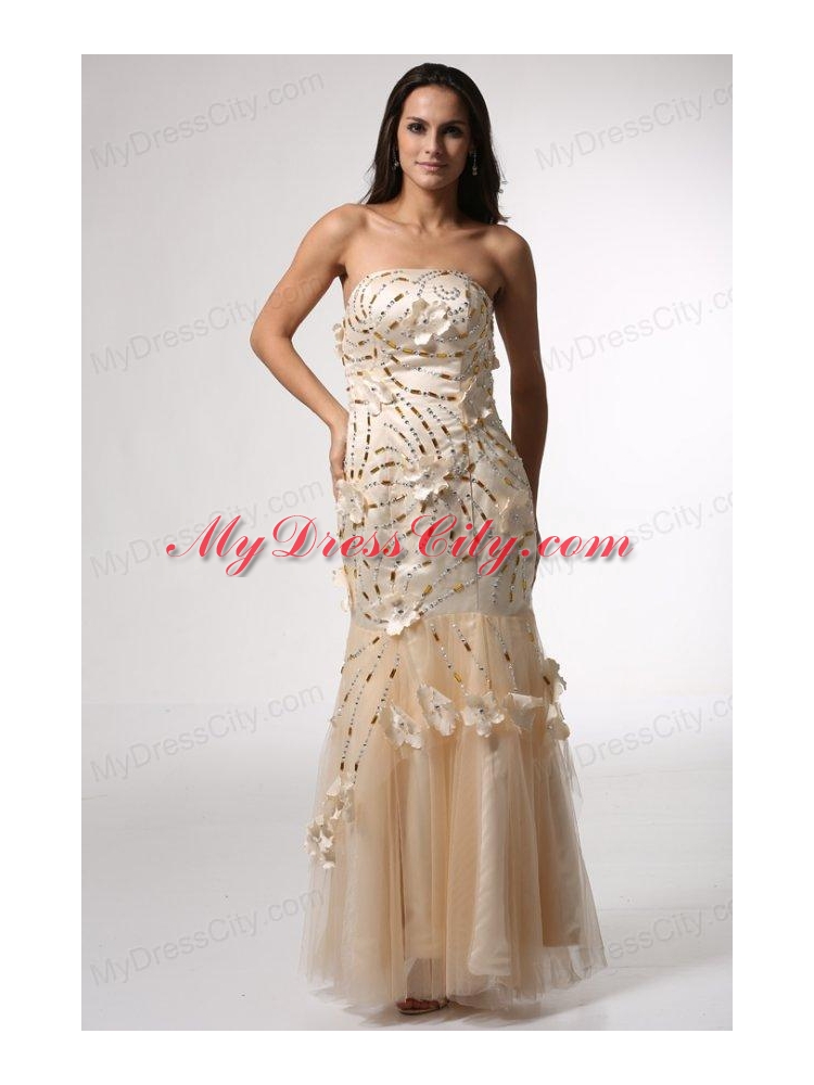 Champagne Mermaid Strapless Prom Dress with Flowers and Beading