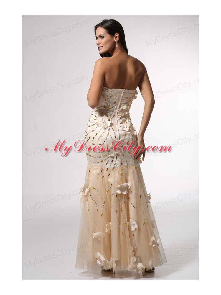 Champagne Mermaid Strapless Prom Dress with Flowers and Beading