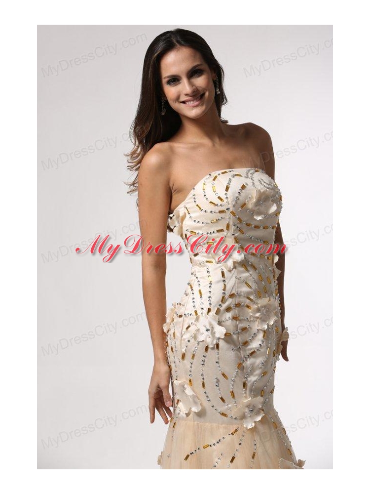 Champagne Mermaid Strapless Prom Dress with Flowers and Beading