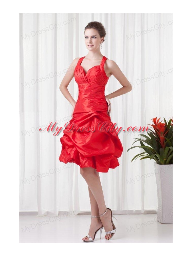 Cheap A-line Straps Knee-length Pick-ups Criss Cross Red Prom Dress