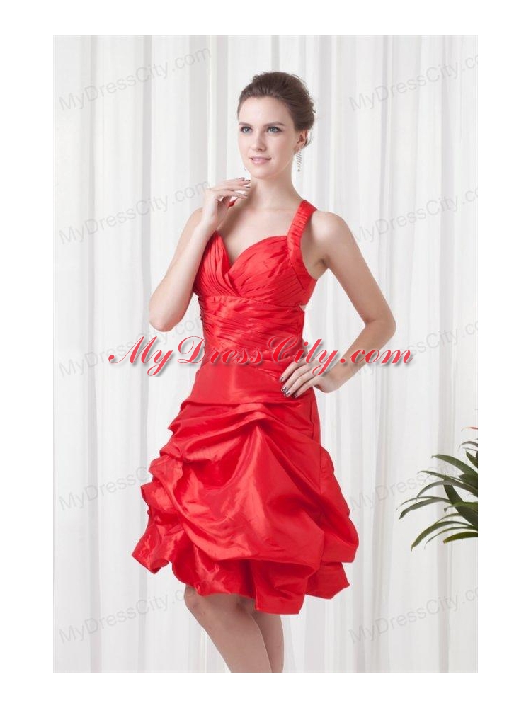 Cheap A-line Straps Knee-length Pick-ups Criss Cross Red Prom Dress