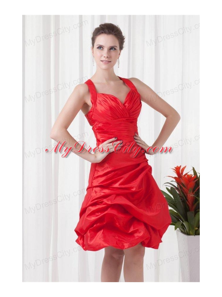 Cheap A-line Straps Knee-length Pick-ups Criss Cross Red Prom Dress