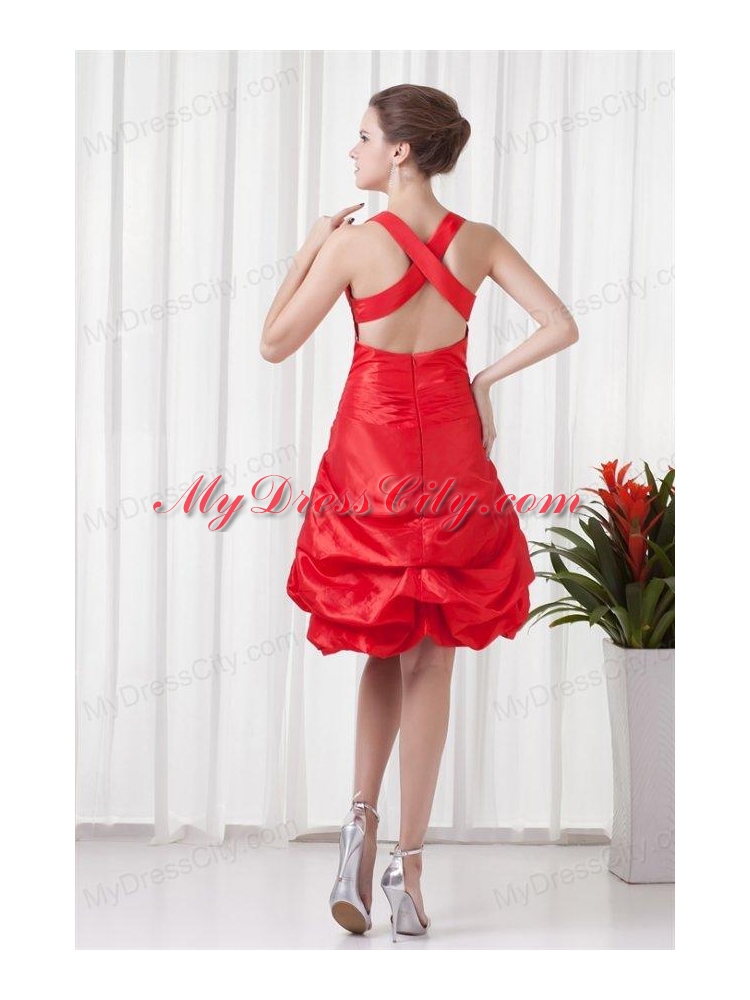 Cheap A-line Straps Knee-length Pick-ups Criss Cross Red Prom Dress