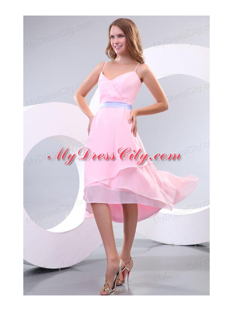 Cheap Baby Pink Spaghetti Straps High-low Prom Dress with Lavender Sash