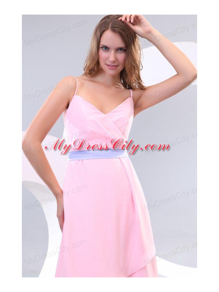 Cheap Baby Pink Spaghetti Straps High-low Prom Dress with Lavender Sash