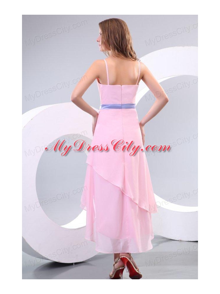 Cheap Baby Pink Spaghetti Straps High-low Prom Dress with Lavender Sash