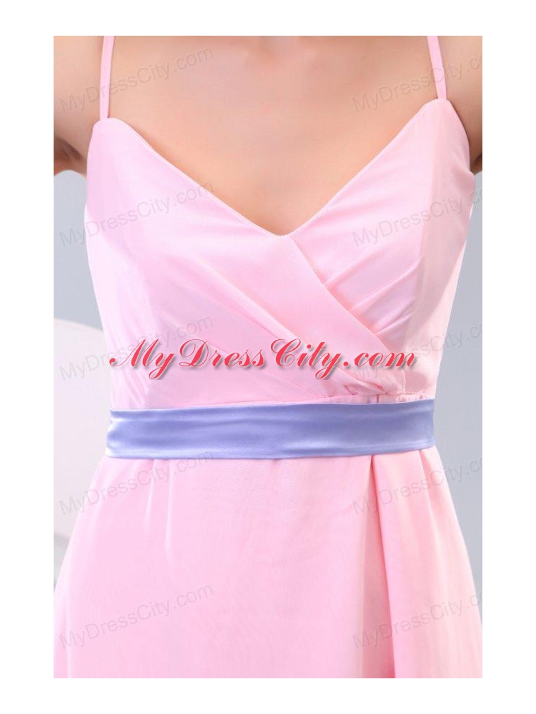 Cheap Baby Pink Spaghetti Straps High-low Prom Dress with Lavender Sash