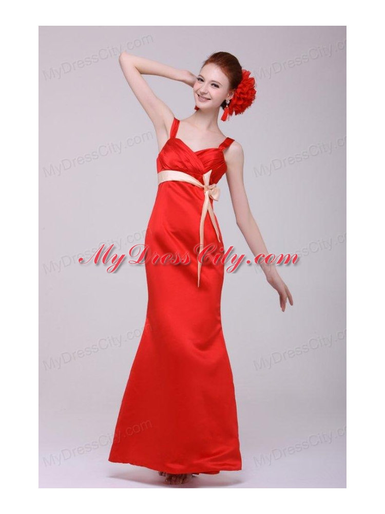 Cheap Column Straps Floor-length Taffeta Sash Red Prom Dress