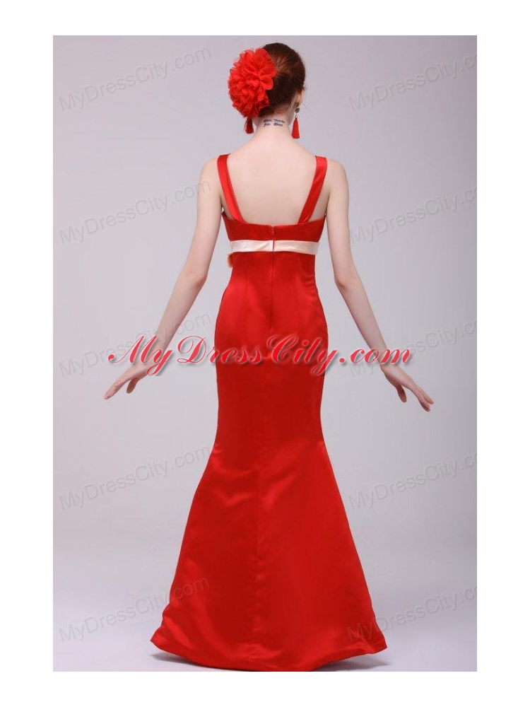 Cheap Column Straps Floor-length Taffeta Sash Red Prom Dress