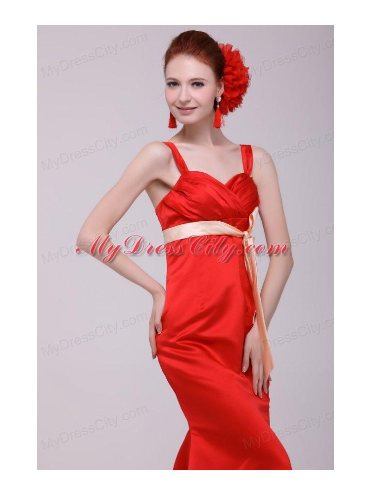 Cheap Column Straps Floor-length Taffeta Sash Red Prom Dress