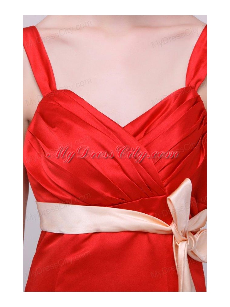 Cheap Column Straps Floor-length Taffeta Sash Red Prom Dress