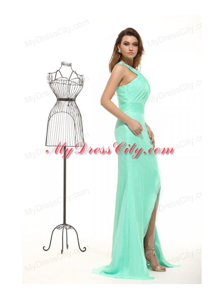 Column Apple Green High Slit One Shoulder Chiffon Beading Prom Dress