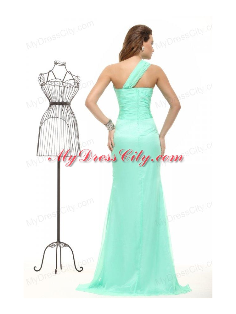 Column Apple Green High Slit One Shoulder Chiffon Beading Prom Dress