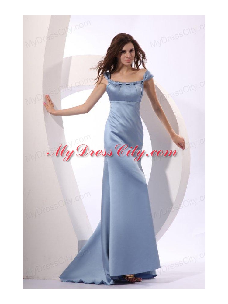 Column Light Blue Cap Sleeveless Ruching Prom Dress with Brush Train