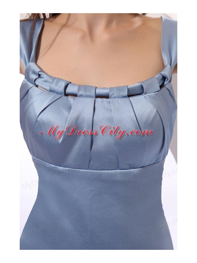 Column Light Blue Cap Sleeveless Ruching Prom Dress with Brush Train