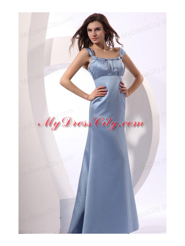 Column Light Blue Cap Sleeveless Ruching Prom Dress with Brush Train