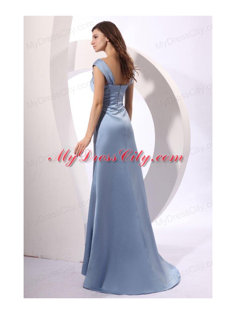 Column Light Blue Cap Sleeveless Ruching Prom Dress with Brush Train