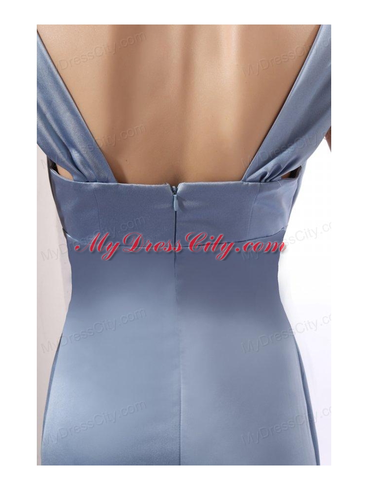 Column Light Blue Cap Sleeveless Ruching Prom Dress with Brush Train