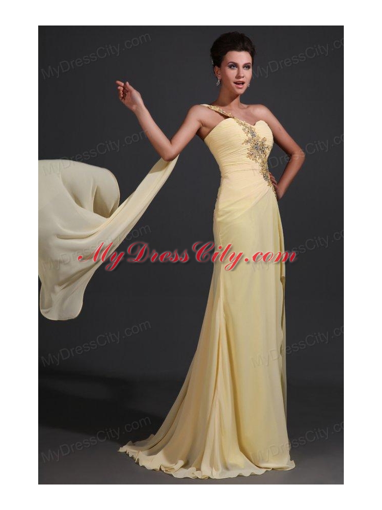 Column One Shoulder Appliques Light Yellow Watteau Train Prom Dress