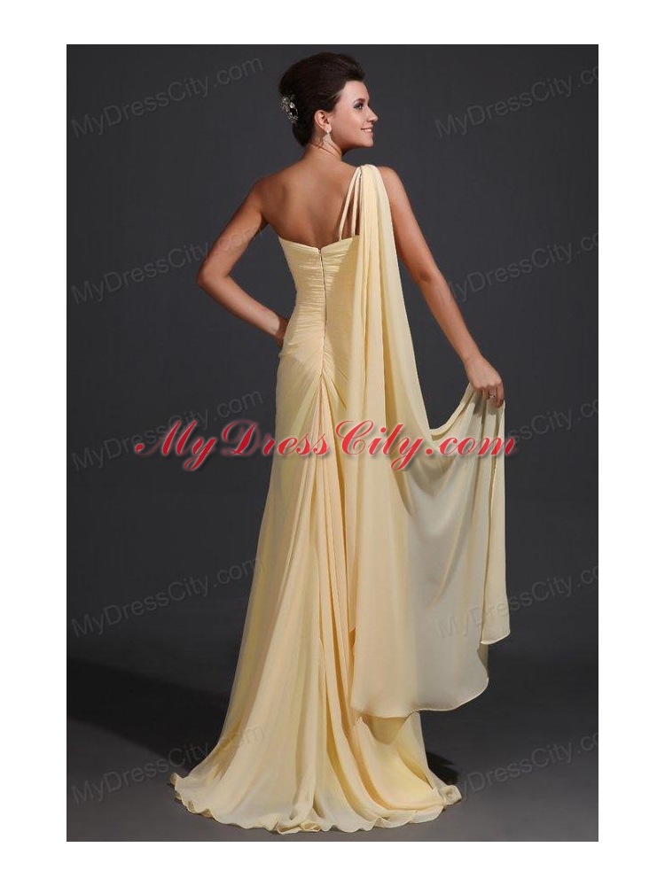 Column One Shoulder Appliques Light Yellow Watteau Train Prom Dress